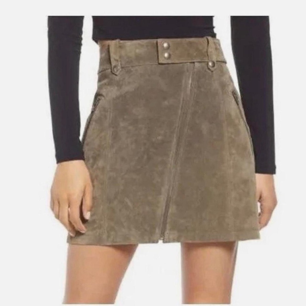 Blank NYC Olive Grey Leather Suede Asymmetrical Zipped Mini Skirt
